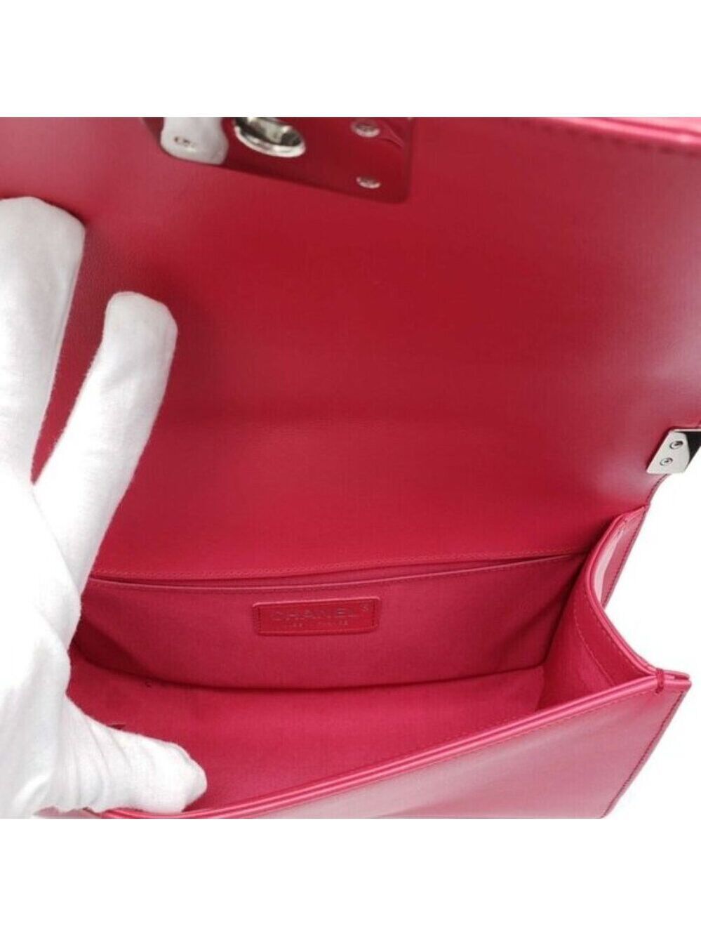 Authentic Chanel Boy Bag Red Quilted Leather Medium Flap Silver Chain CC Logo - Picture 13 of 16